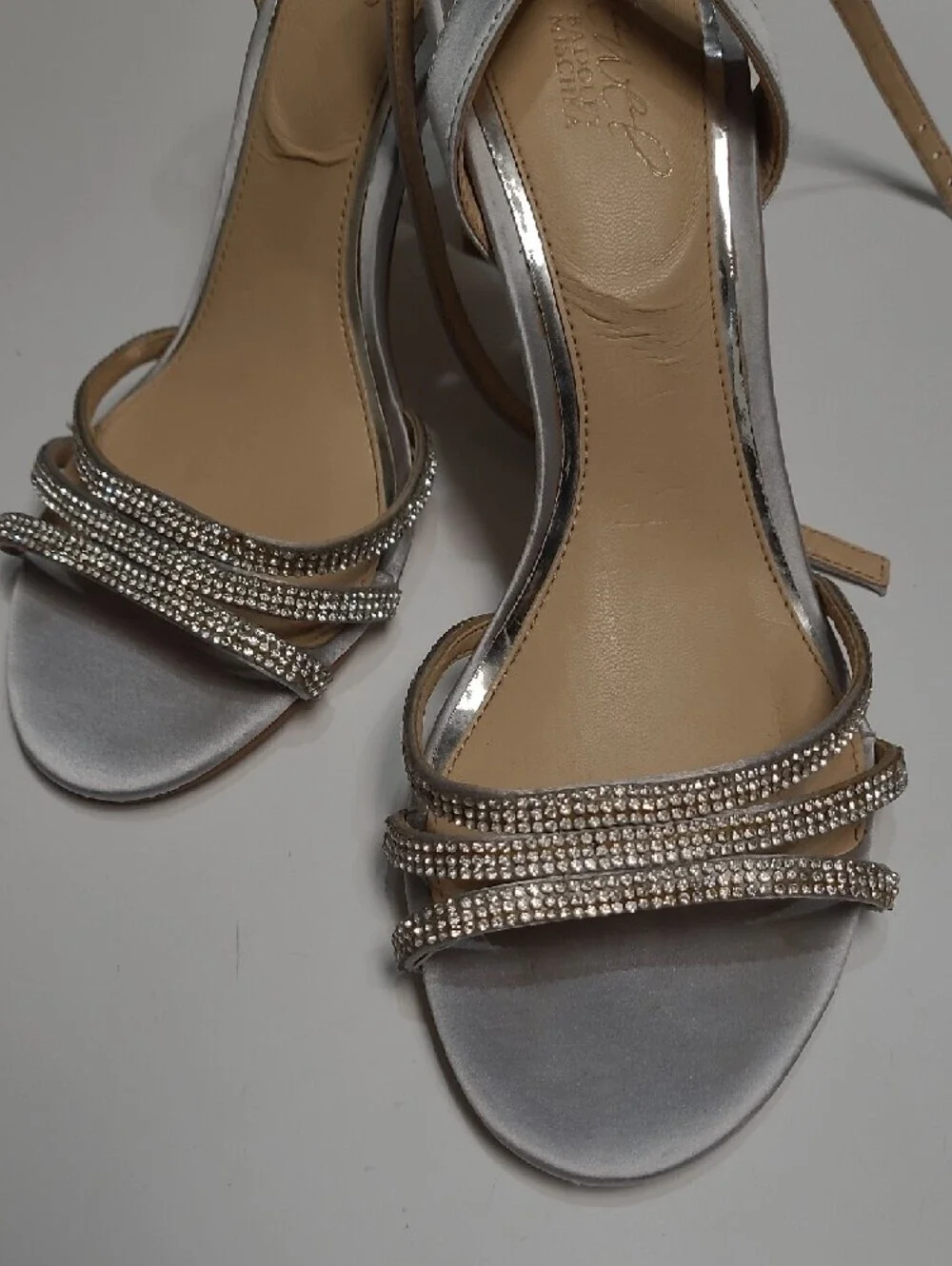 Jewel Badgley Mischka Silver Rhinestone Strap High Heel Sandals - Size 10